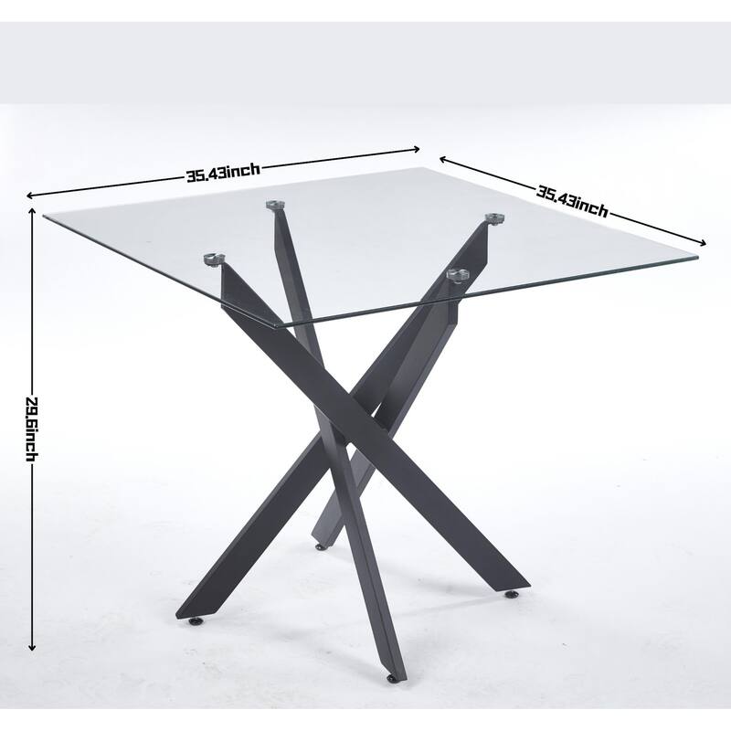 Modern Square Dining Table with Tempered Glass Top & Cross Metal Legs, Space-Saving for Kitchen and Living Room
