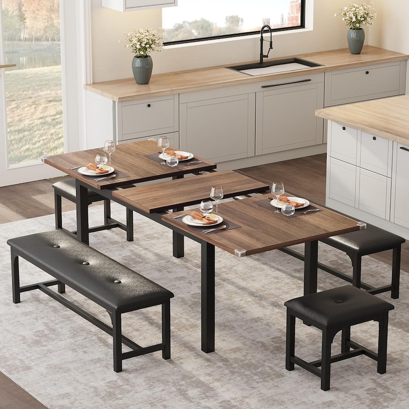 43.7in-63in Extendable Dining Table Set with 2 Benches and 2 Stools - Soft - Walnut