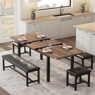 43.7in-63in Extendable Dining Table Set with 2 Benches and 2 Stools