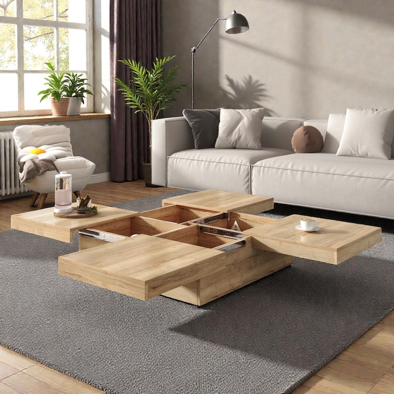 Square Sliding Top Coffee Table with Storage, Modern Veneer Wood Coffee Table, Hidden Storage Center Table
