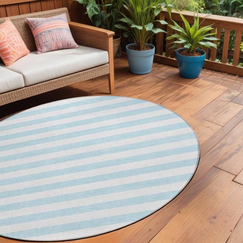 Balu Stripe Weather Resistant Blended Style Round Outdoor Rug - 8' Round - 8' Round - Blue