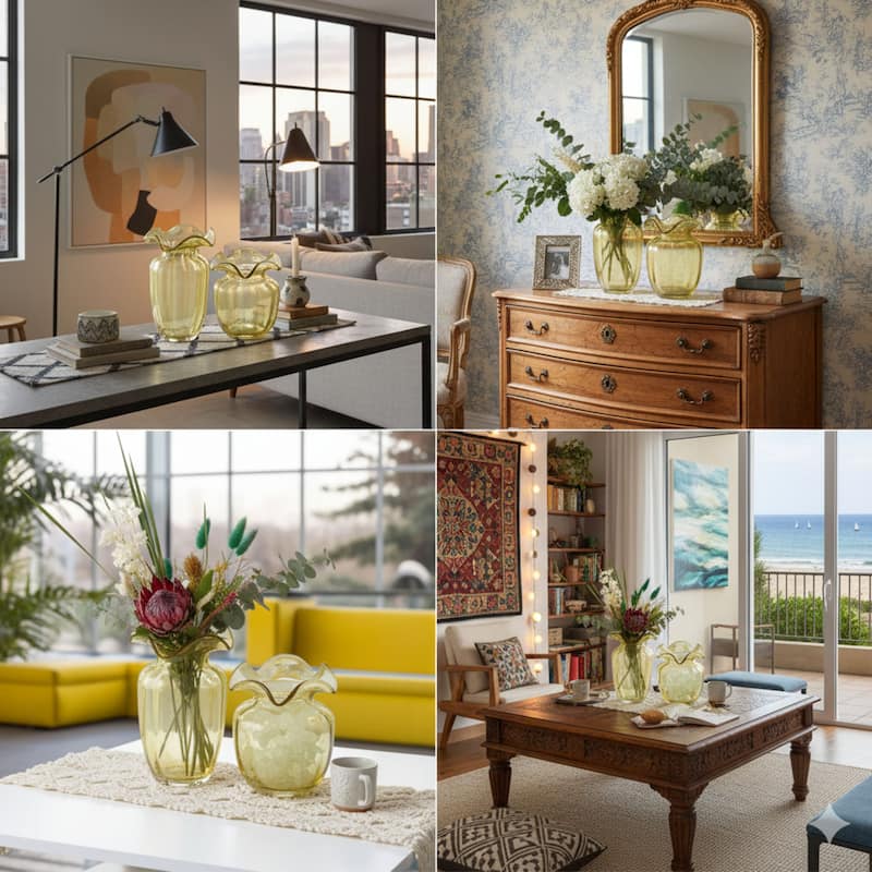 Fleurine Set of 2 Fluted Blooming Decorative Glass Flower Table Vases