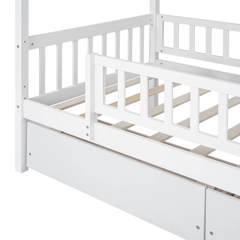 Twin Size Playhouse Bed with Fence & Roof for Kids, Boys or Girls, Wooden Twin Bed Frame with Two Drawers, No Box Spring Needed