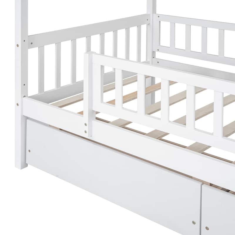 Wooden House Bed with Two Drawers