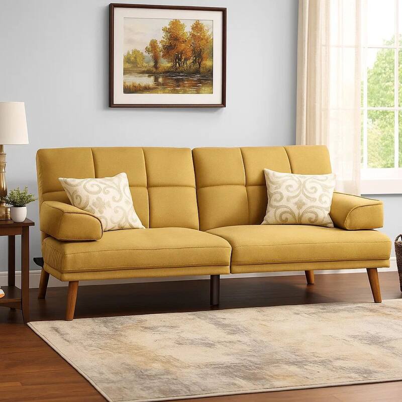 Gina 71 Inch Adjustable Futon Sofa Bed, Tufted, Tapered Legs, Mustard