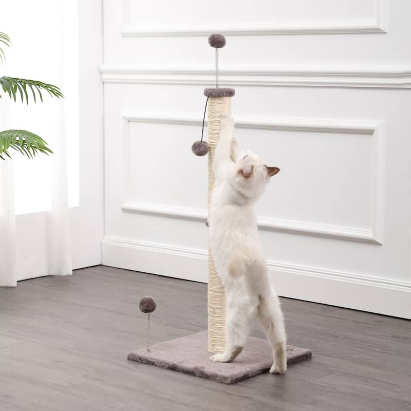 Rylie 38" Farmhouse Sisal Pillar Cat Scratching Post with Fuzzy Toys and Spring Balls, Gray/Cream - Assembly Required