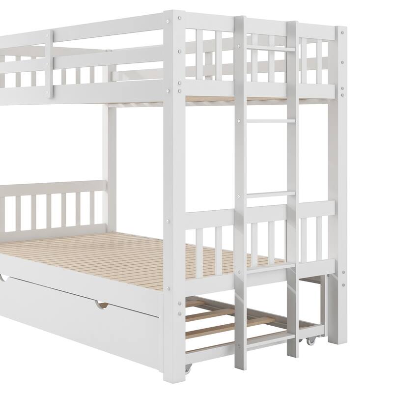 Twin Over Pull-Out Bunk Bed with Trundle, Solid Wood Twin Over Twin/Double Twin Bunk Bed with Ladder and Full-Length Guardrail