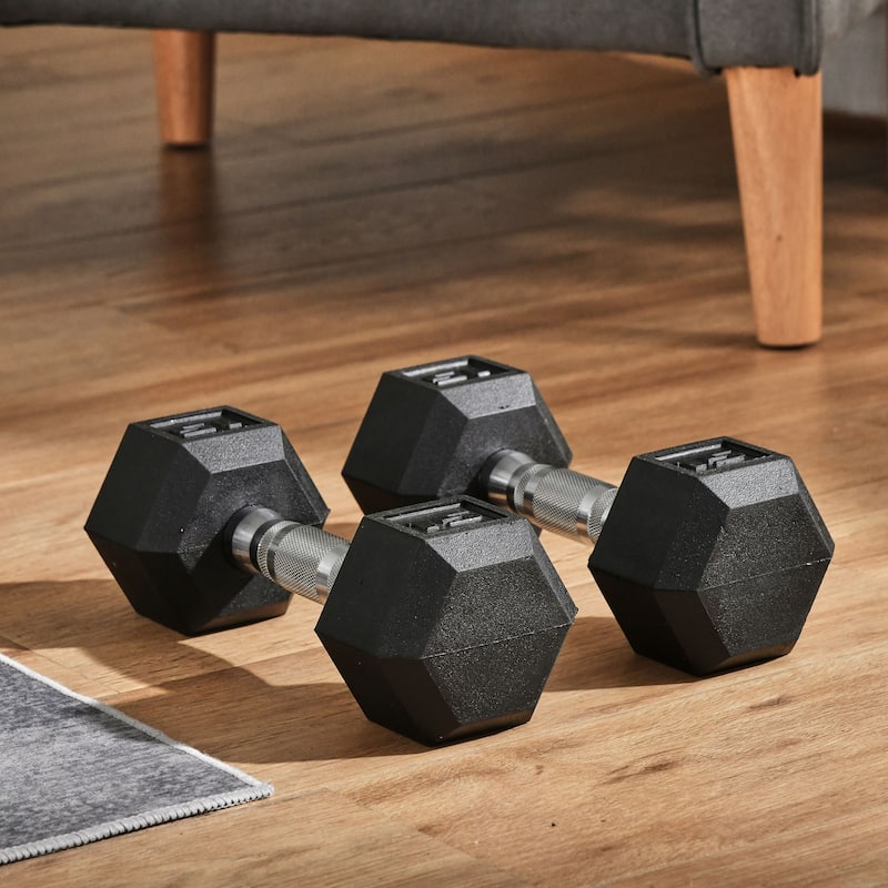 Soozier 15lb Set Rubber Dumbbells Hand Weight Barbell for Body Fitness Training for Home Office - 4.5"W x 4.5"D x 11.25"L - Black