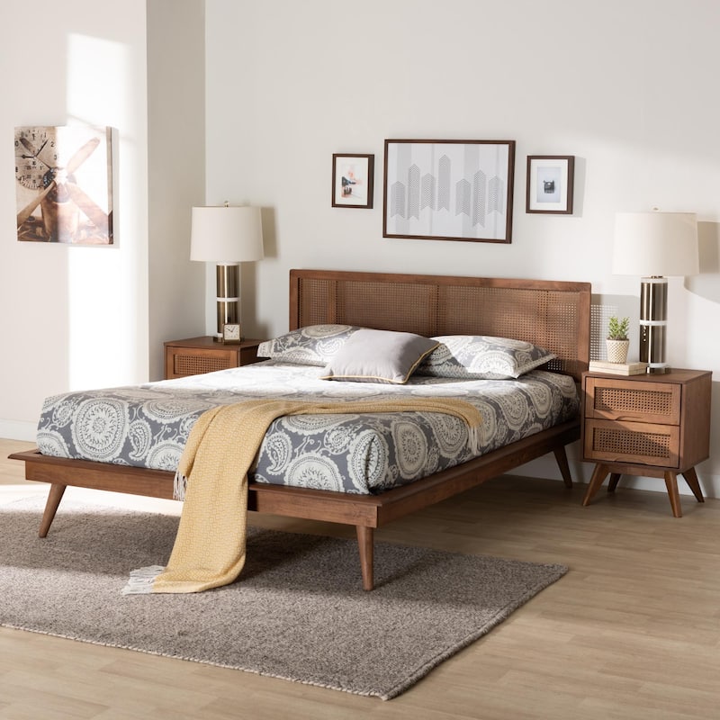 Nura Mid-Century Modern Walnut Brown Finished Wood and Rattan 3-Piece/4-Piece/5-Piece Bedroom Set (Multiple Bed Sizes)