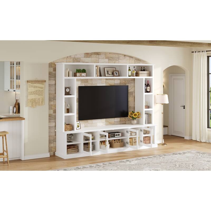 Entertainment Center Wall Unit for TVs up to 80", All-in-One TV Stand Glass Doors Storage Cabinet Bookcase Wine Rack