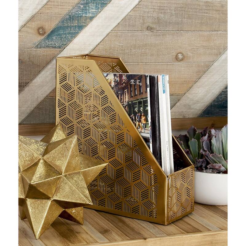Metal Geometric Single Slot Magazine Holder with Laser Carved Design - Gold - Roche River Decor