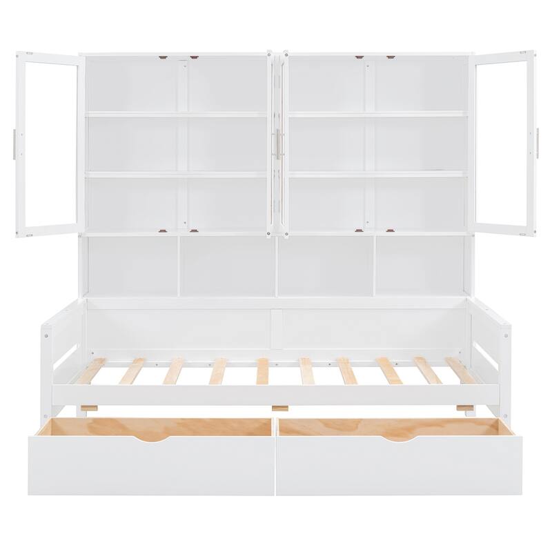 Twin Size Wooden Daybed with Glass-Door Storage Cabinets, Built-in LED Lighting and Shelves Bedrooms Compact Daybed