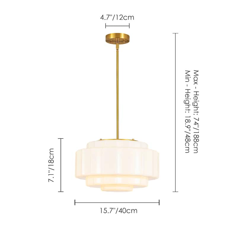 Rennnsan 3-Light Mid-Century Modern Brass Tiered Milk Glass Pendant for Dining Room - 15.7 in. W x 7.1 in. H