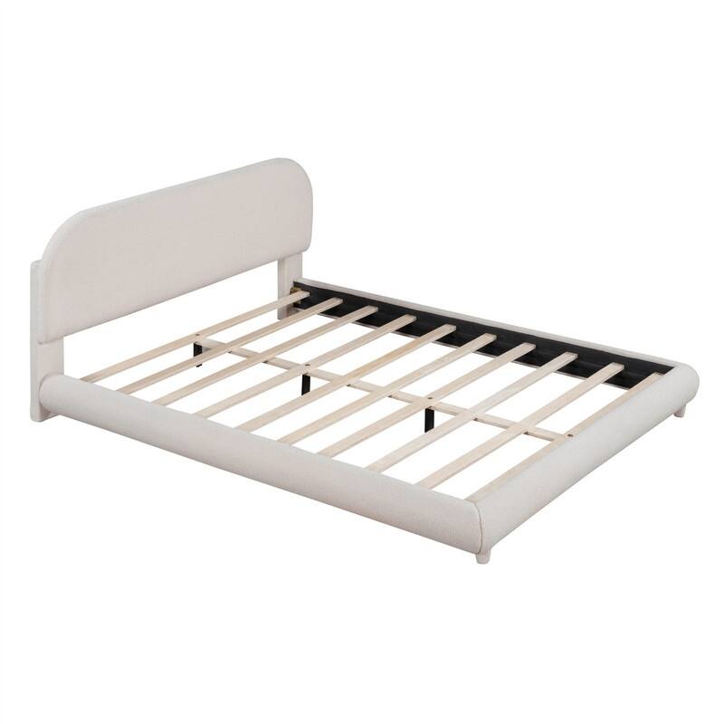 Full/Queen Size Teddy Fleece Upholstered Bed with Thick Fabric, Platform Bed Frame with Headboard & Stylish Curve-shaped Design