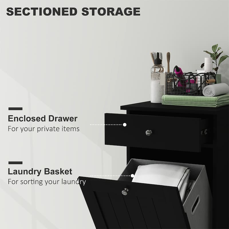 Black Laundry Hamper Cabinet with Tilt Out Hamper Drawer and Foldable Bag MDF for Bathroom Bedroom - 15.7" W x 15" D x 35.4" H