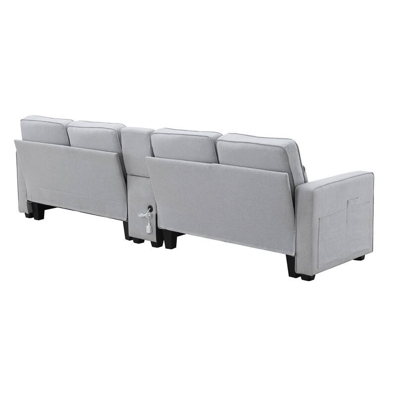 114.2" Upholstered with console, 2 cup holders and USB port (wired or wireless charging) with 4 pillows