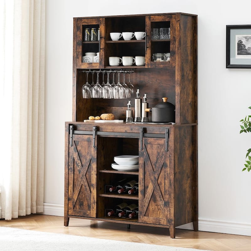 70'' Wine Bar Cabinet with Storage Hutch, Tall Coffee Bar Cabinet with Sliding Barn Doors, Bottle Glasses Rack