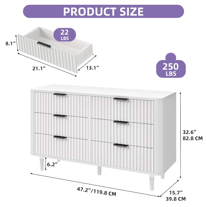 6 Drawer Wood Dresser with Wave Fluted Panel Storage Organizer for Bedroom