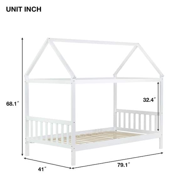 dimension image slide 0 of 5, Twin Size Solid Wood House Frame Platform Bed, with Headboard and Footboard, with Underbed Storage Space, Minimalist Kids Bed