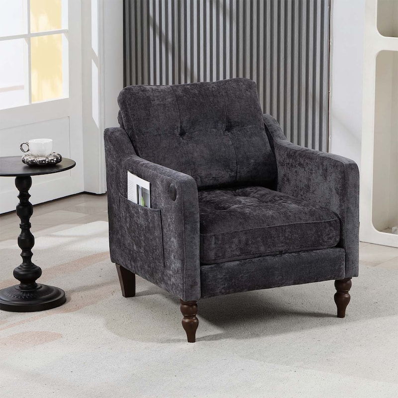 Accent Chair with USB Charging,Ergonomic Backrest,and Retro Wooden Legs