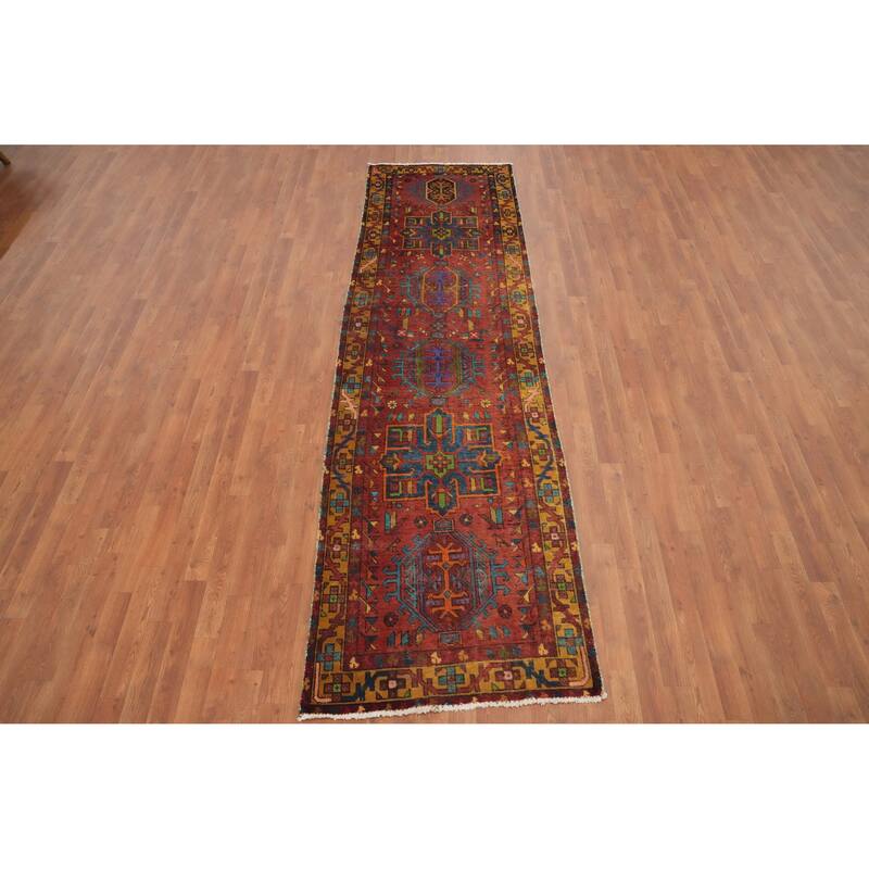Hand Knotted Oriental 100% Wool Carpet Traditional Geometric Oranges & Rust Heriz Runner Rug - 10' 5'' X 3' 0''