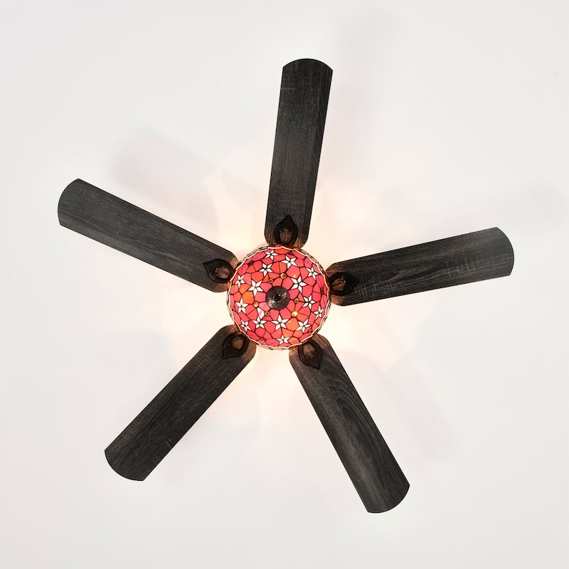 Chergo 52-Inch Flushmount Lighted Ceiling Fan Red Flower Tiffany Glass Lamp Black Finish