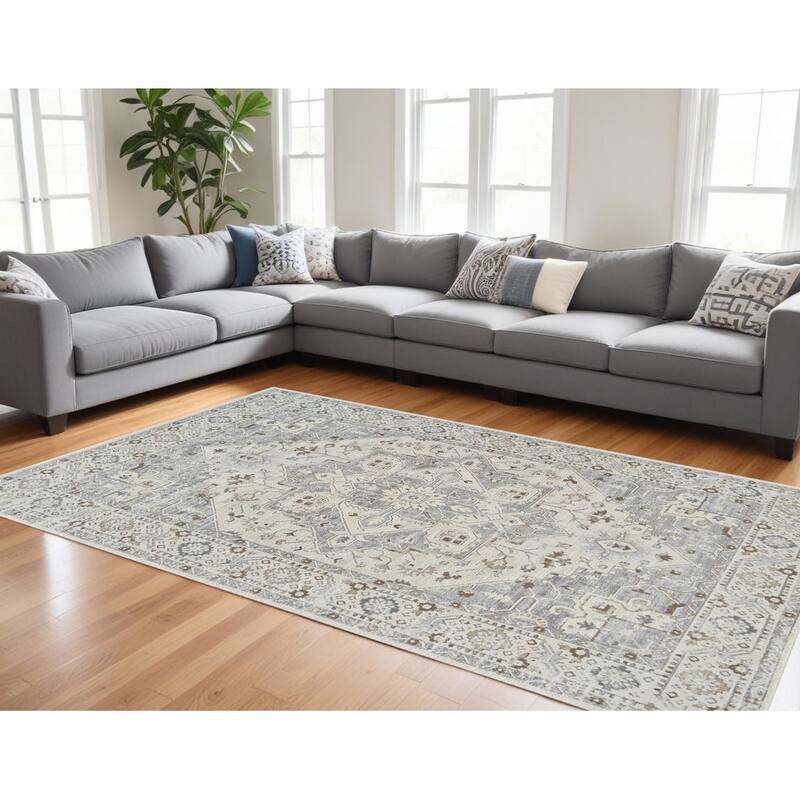 Bike Distressed Stain Resistant Durable Area Rug By HomeRoots - 8' X 11' - Gray and Beige - Rectangle