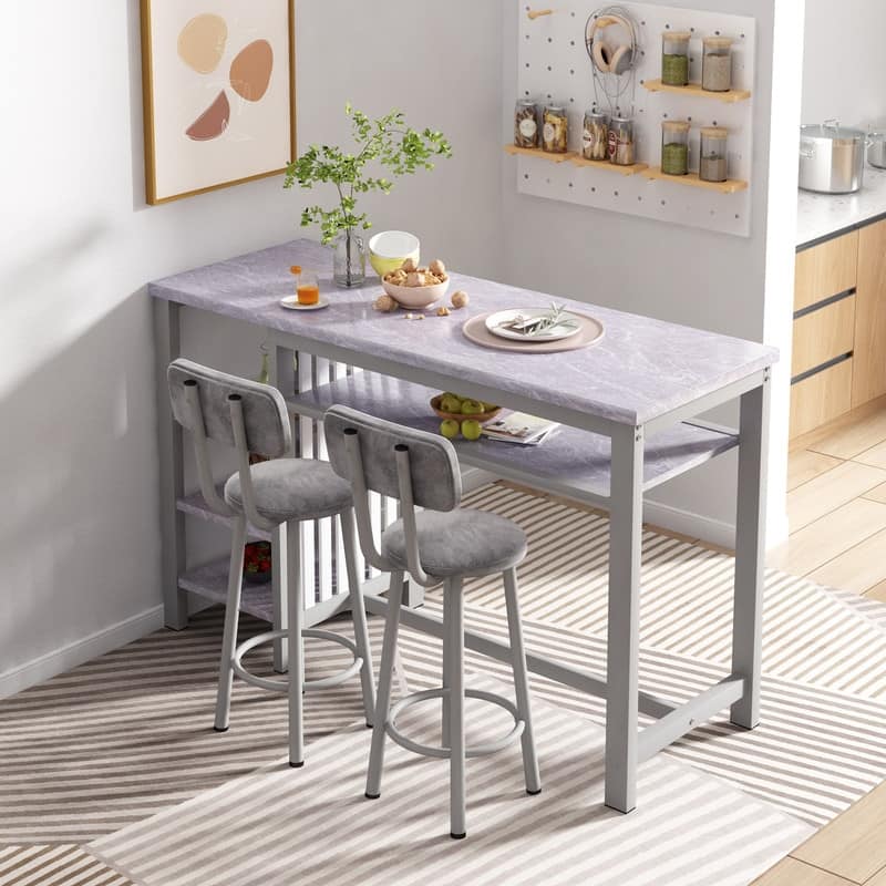 3-Piece Dining Room Table Set with 2 Upholstered Bar Stools, Modern Farmhouse Bar Table Set for 2 with Multiple Tier Shelves