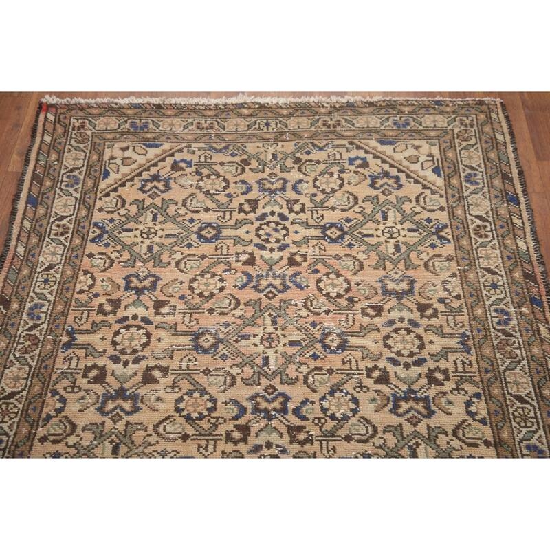 Hand Knotted Oriental 100% Wool Carpet Traditional Geometric Peach Hamedan Runner Rug - 11' 3'' X 3' 6''