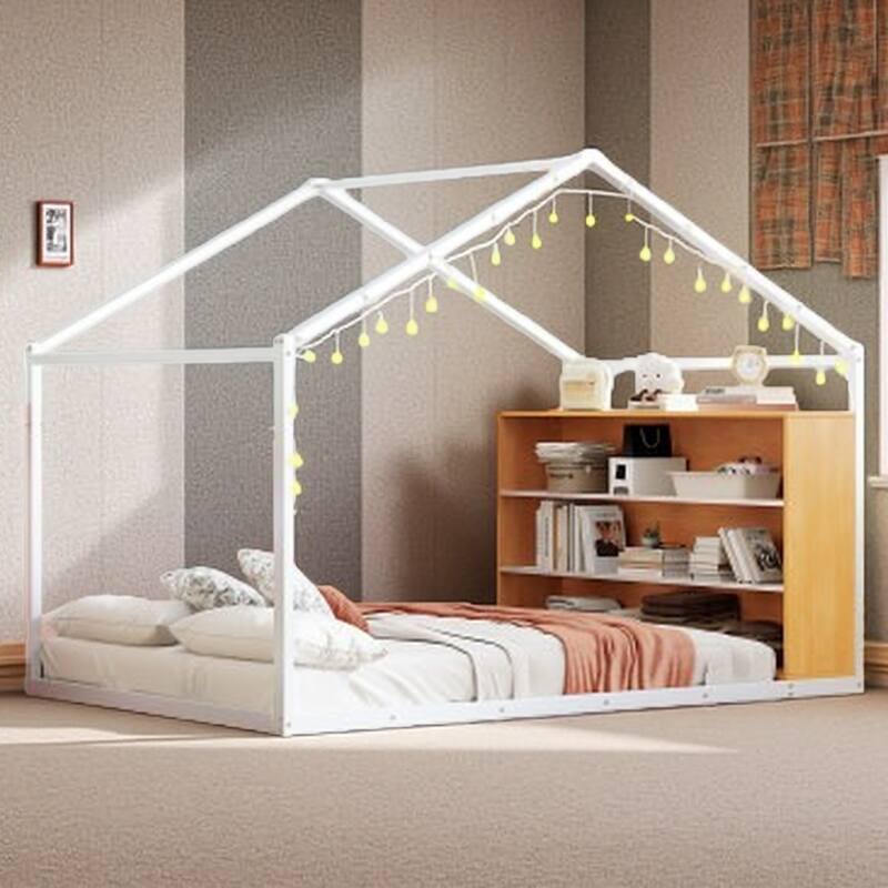 Full Size House Bed Frame with Metal Slats, Built-in Shelves, and LED Lights, Fun Playhouse Design for Kids