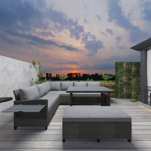 5Piece Patio Rattan Sectional PE Wicker LShaped Garden Sofa Set Bed