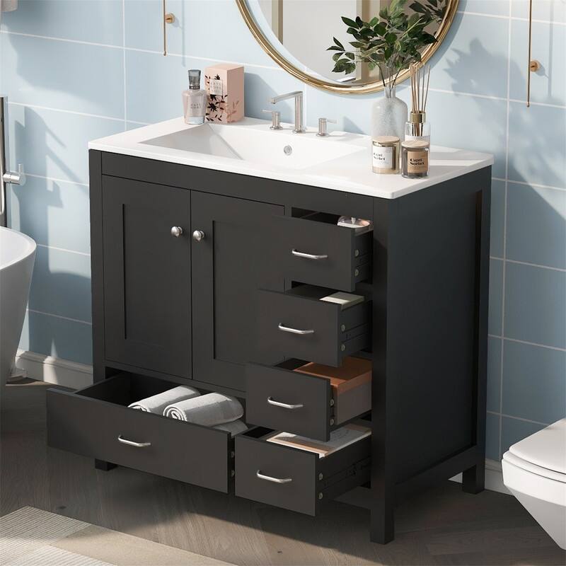 36'' Bathroom Vanity with Ceramic Sink Combo, Modern Bathroom Vanity Cabinet with 2 Soft Close Doors and 5 Storage Drawers