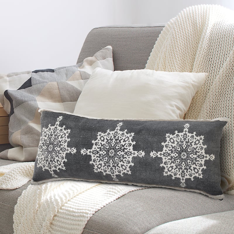 Sevita Casual Floral Mandala Medallion Lumbar Pillow with Tufted Border - Accent - 14" x 36" - Polyester - Dark Gray/White - Single