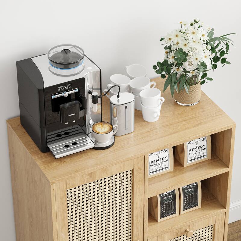 Rattan Buffet Cabinet with Adjustable Shelf, Sideboard with Drawers for Living Room, Kitchen, Entryway