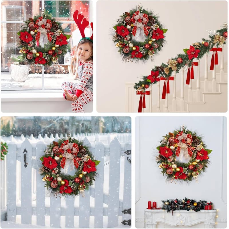 30 Inch Lighted Christmas Wreath with Red Gold Balls for Front Door - N/A