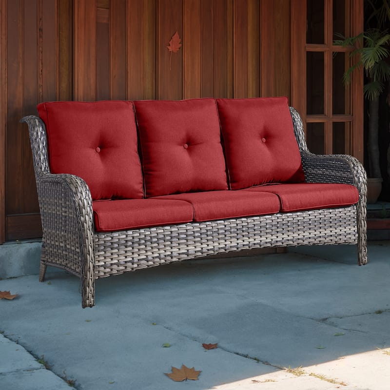 Gymojoy Patio Sofa PE Wicker 3-Seat Sofa - Grey - Red