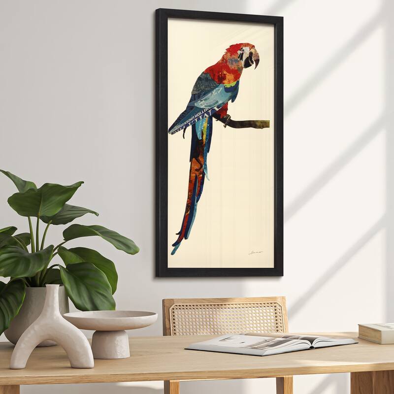 "Tropical Parrot" Alex Zeng's dimensional collage, under glass & a black shadow box frame