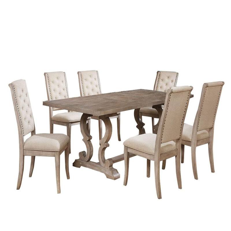 Dining Set in Rustic Natural Tone and Beige Finish - 7-Piece Set