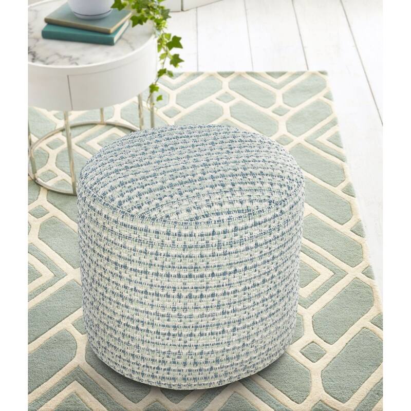 20" Blue and Green Interwoven Coastal Round Outdoor Patio Pouf Ottoman