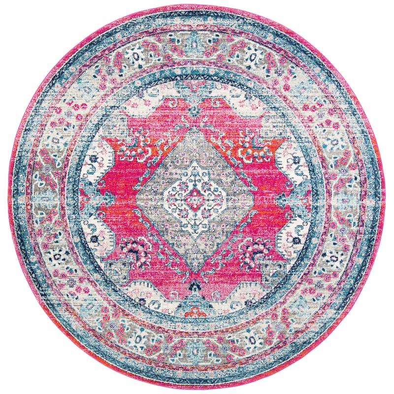 SAFAVIEH, Evoke Seniha Vintage Boho Medallion Rug - 6'7" Round - Fuchsia/Navy