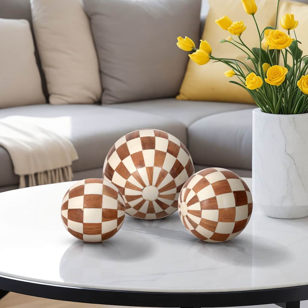 Sagebrook Home 4/5/6" Checkered Orbs, Round (Set of 3) - 6" x 6" x 6"