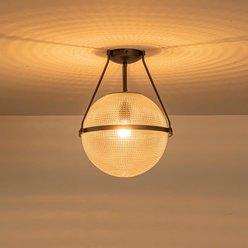 1-Light 14.17" Black/Gold Modern Textured Grid Glass Globe Semi-Flush Mount Light - Black