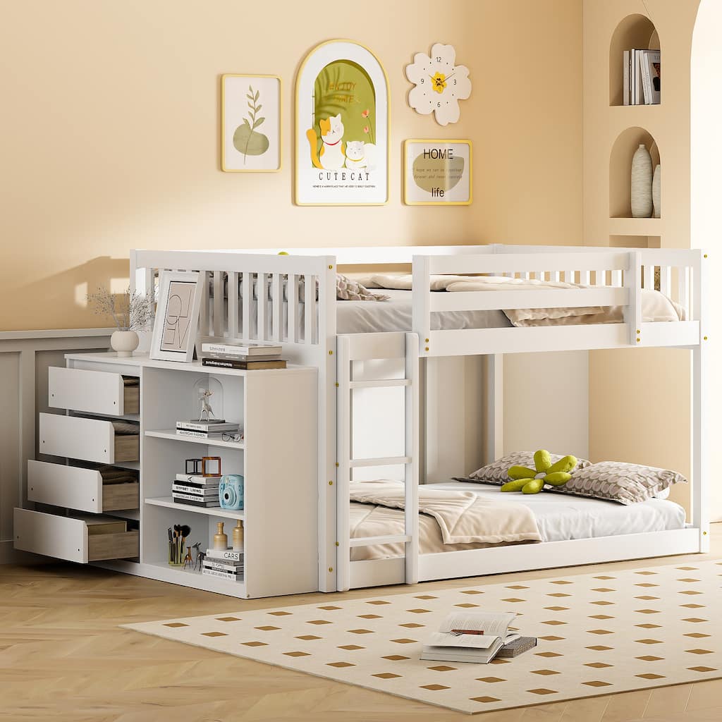 Full Size Bunk Bed with Drawers, Shelves & Reversible Ladder, Durable Solid Wood Structure