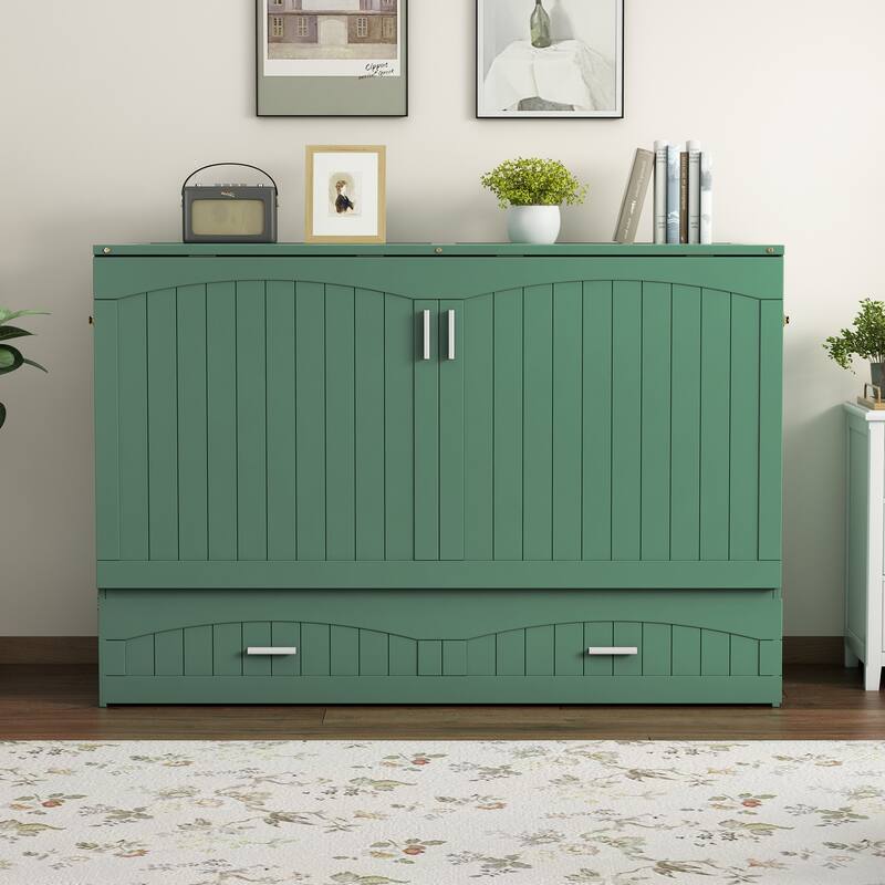 Queen Size Murphy Bed with Built-In Charging Station and Large Storage Drawer, Space-Saving Design, Pine Wood Frame