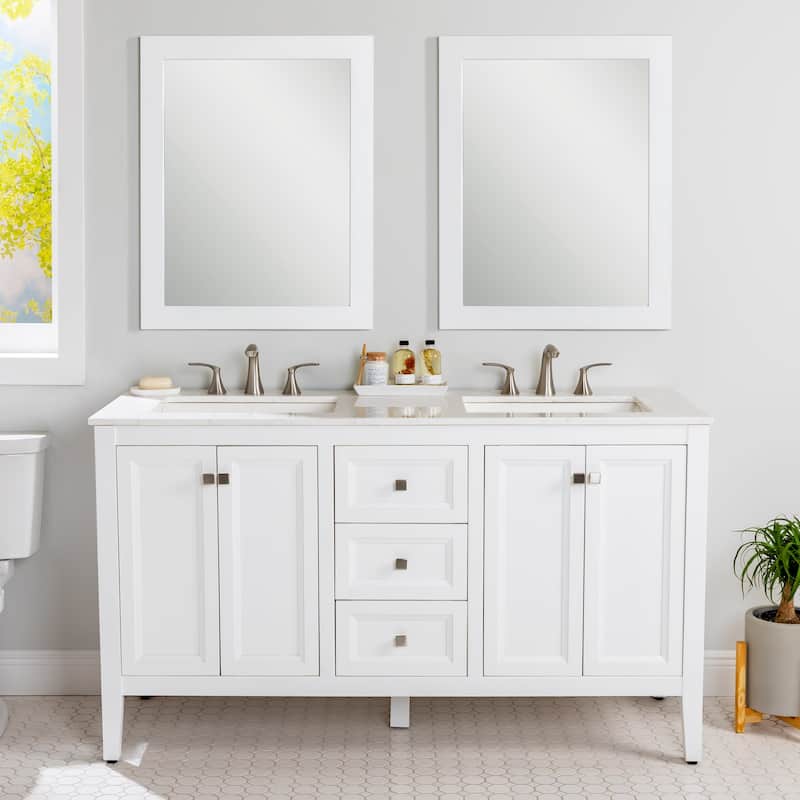 Cartland 61" Double-Sink Bathroom Vanity With 2 Cabinets, 3 Drawers, and Sink Top - White Cabinet/Pulsar Top