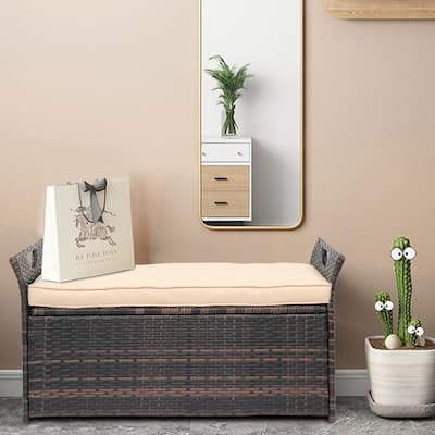 33 Gal. Patio PE Wicker Storage Bench with Cushion