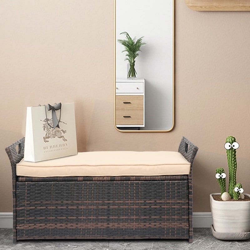 33 Gal. Patio PE Wicker Storage Bench with Cushion