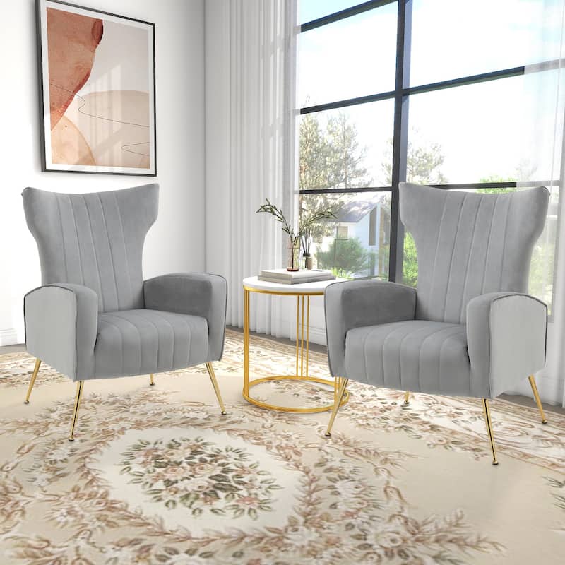 Mid-Century Velvet Wingback Accent Chair with Metal Legs - 2 Set Grey