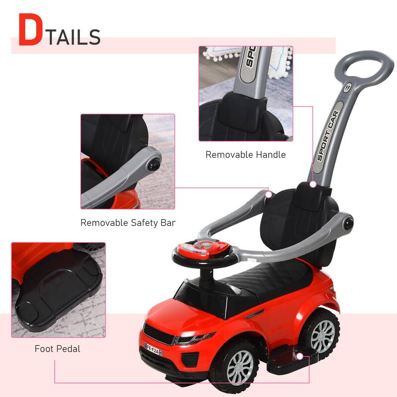 2-in-1 Toddler Push and Ride-On Car with Stroller Mode, Real Steering, Storage & Safety Guardrails - Red