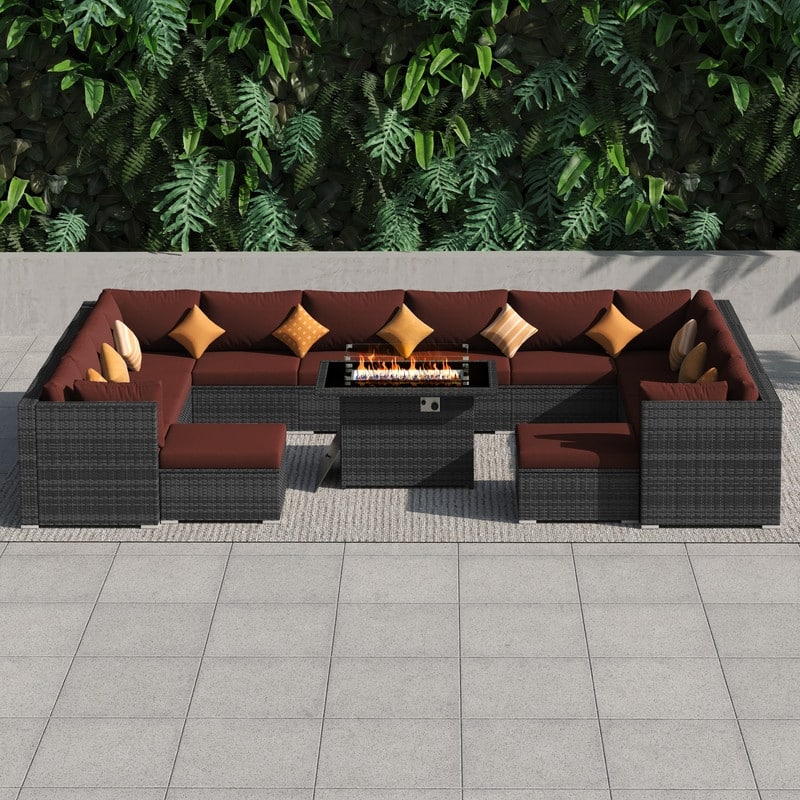 FINCATI 15-Piece Grey Wicker Patio Conversation Sofa Set with Ottomans, 43″ Fire Pit Table